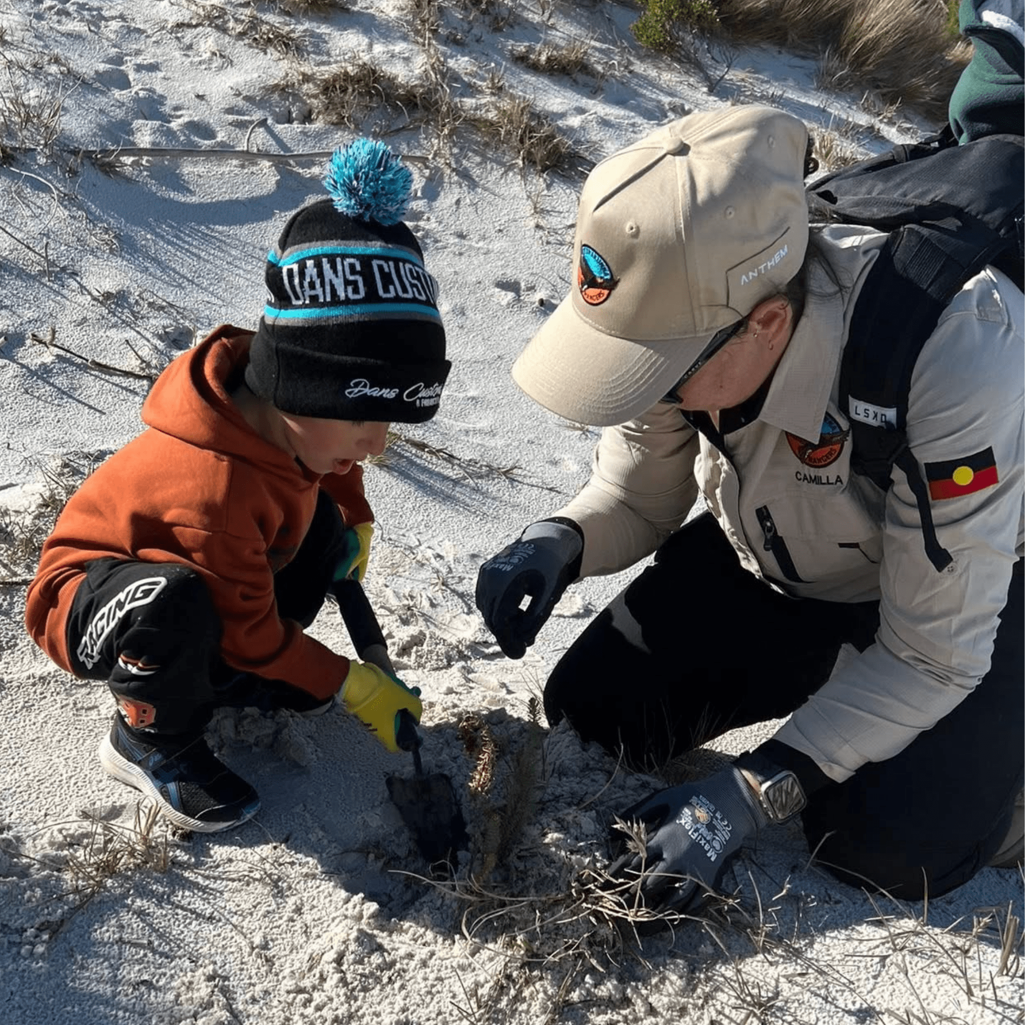 Removing Sea Spurge Aboriginal ranger with fire hose conducting cultural burning for land management